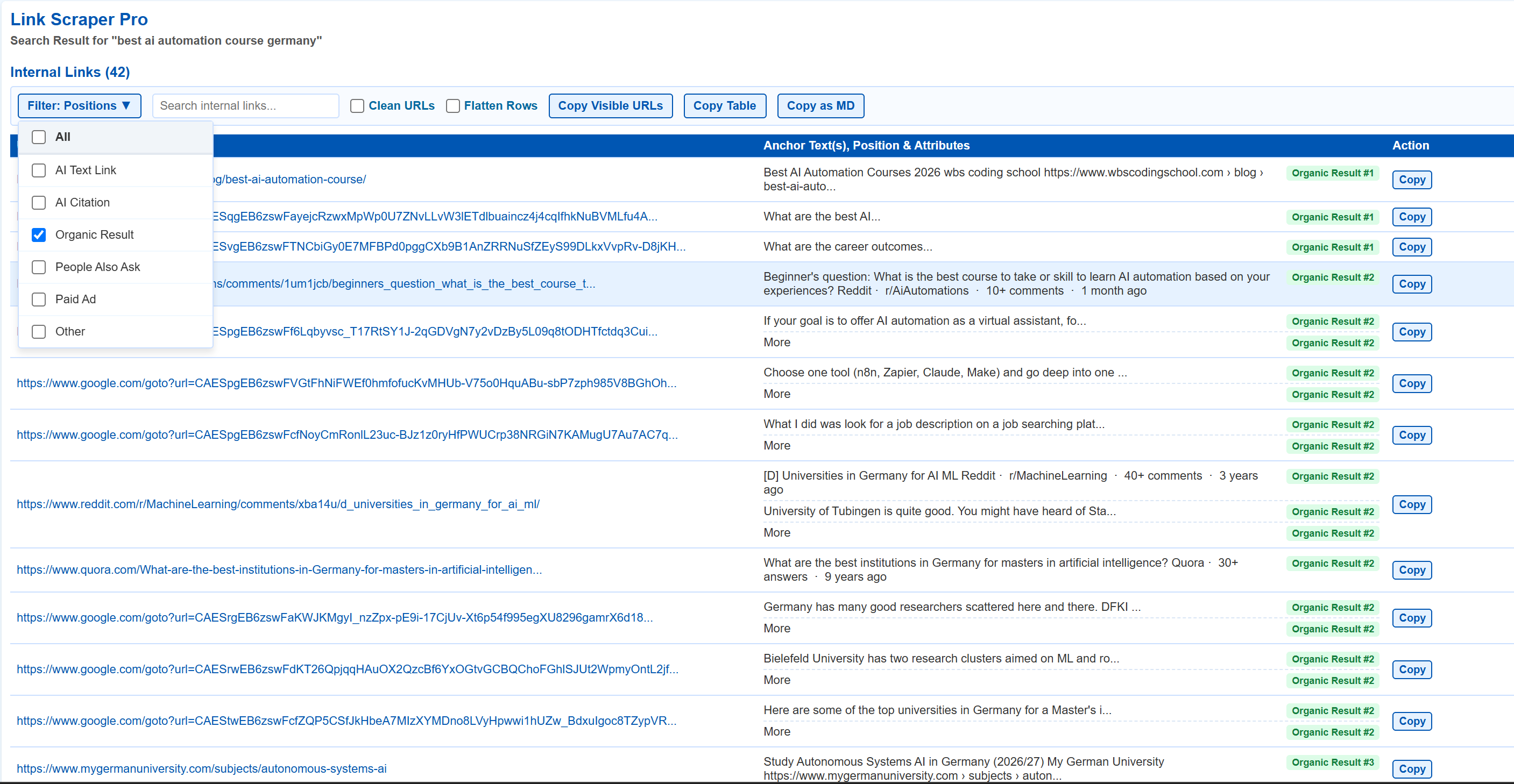 Link Scraper output on a Google SERP: organic results filtered and ranked Link Scraper output on a Google search results page for the query best ai automation course germany, showing forty-two internal links filtered to Organic Result, each row numbered by its rank in the results