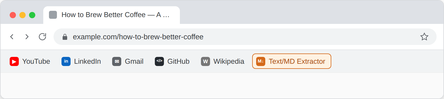 The bookmarks bar, with the Text/MD Extractor bookmarklet installed A browser window showing the bookmarks bar, a row of one-click shortcuts under the address bar, with YouTube, LinkedIn, Gmail, GitHub and Wikipedia bookmarked, plus the highlighted Text/MD Extractor bookmarklet