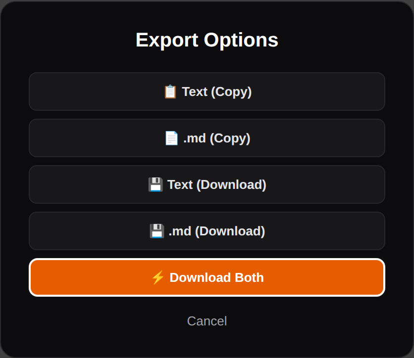 Text/MD Extractor export options Text/MD Extractor export options dialog with buttons to copy or download the page as plain text or Markdown